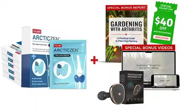 ArcticZen free bonuses with 6-box purchase: Mini Massage Gun ($30), Knee Revive Rehab Program ($197), Back to the Garden Starter Kit ($47), and $40 off next order — total $314 value