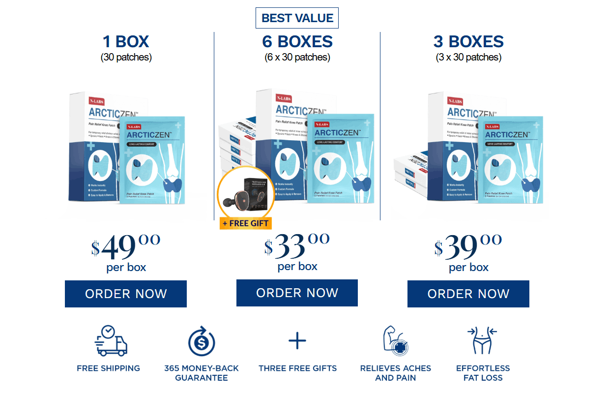 ArcticZen pricing table: 1 box $49, 3 boxes $39 each, 6 boxes $33 each — all with free shipping and 365-day guarantee